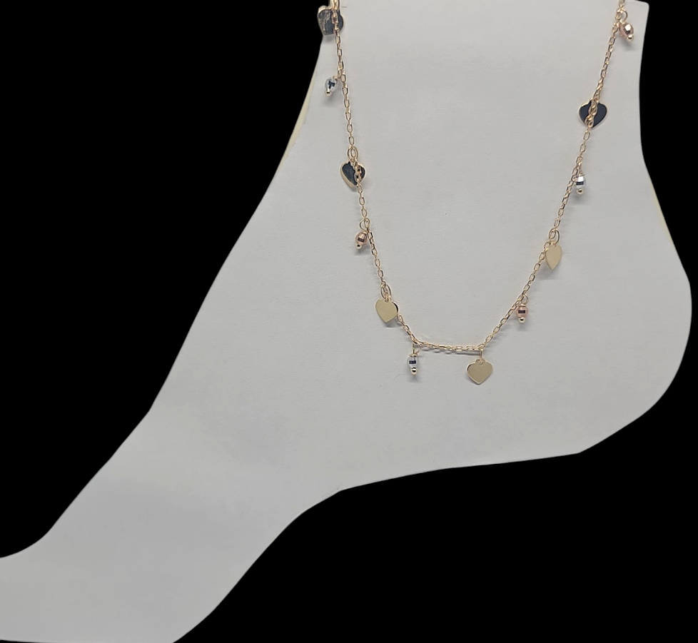 Tobillera 14k Tricolor corazones y bolitas