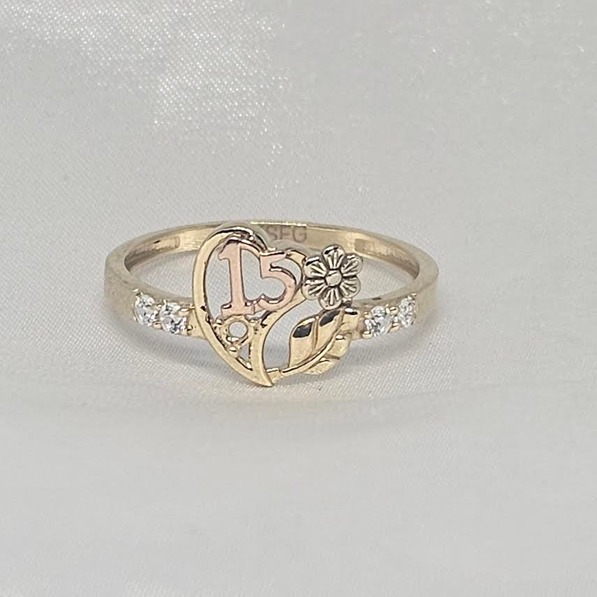 Sortija Corazon 15 14k CZ tricolor