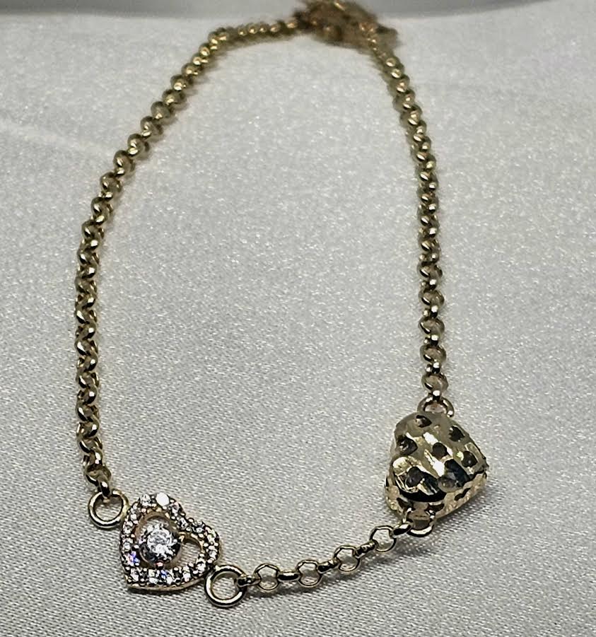 Pulsera Rolo 14k con Corazones  CZ