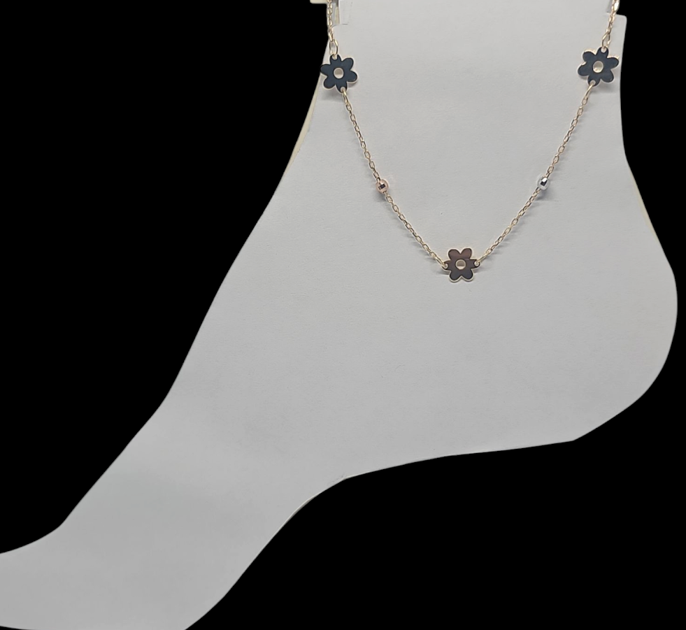 Tobillera Tricolor de Flores 14k