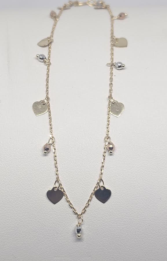 Tobillera 14k Tricolor corazones y bolitas