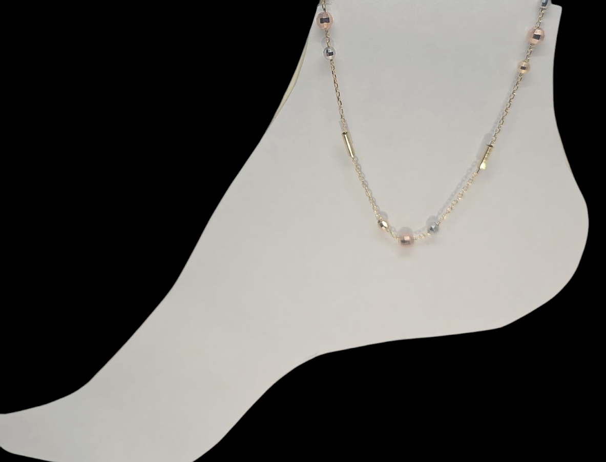 Tobillera tricolor de bolitas 14k