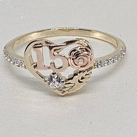 Sortija de corazon 15 y flor en oro rosado 14k CZ