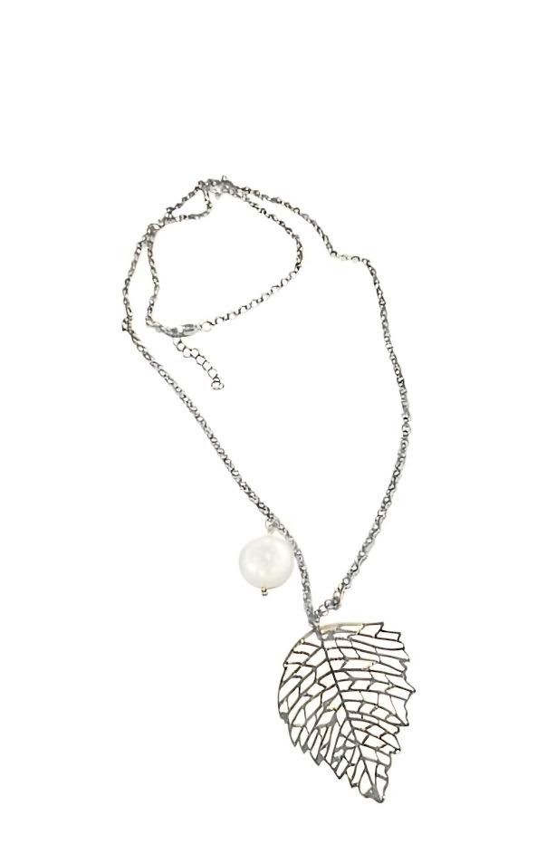 Collar Largo de Hoja con Perla S/Steel