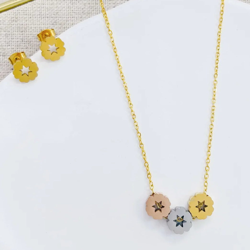 Set de Collar tricolor flores S/Steel