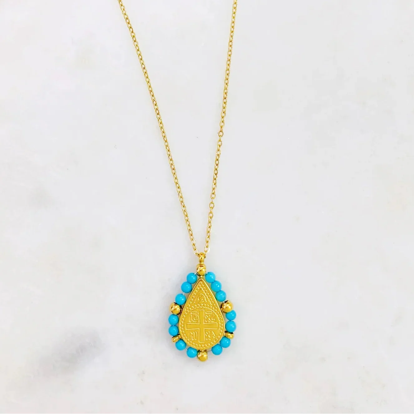 Collar S Steel  charm cruz turquezas