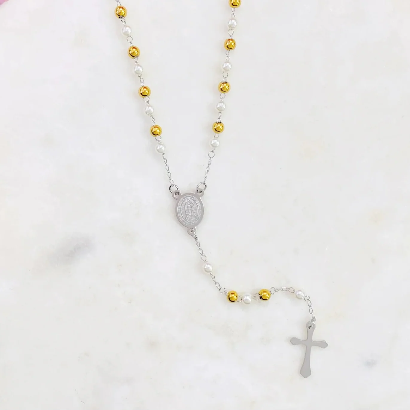 ROSARIO S/STEEL 2TONOS CON PERLAS
