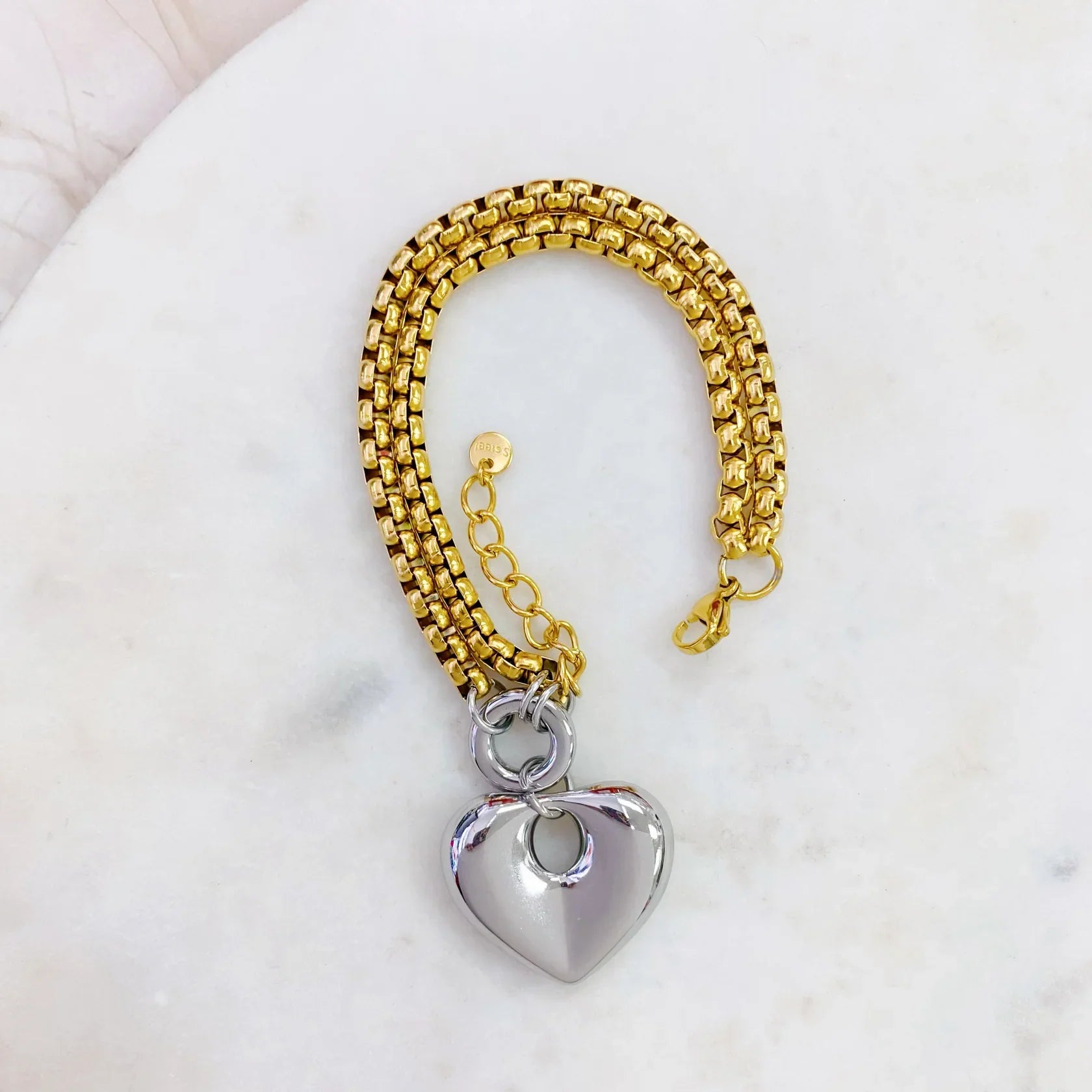 PULSERA S/STEEL DORADO, CORAZON PLATEADO
